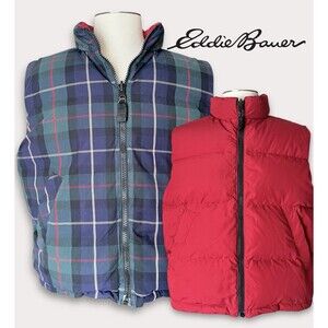 Eddie Bauer Reversible Goose Down Puffer Vest Red / Plaid Tartan Men’s Medium
